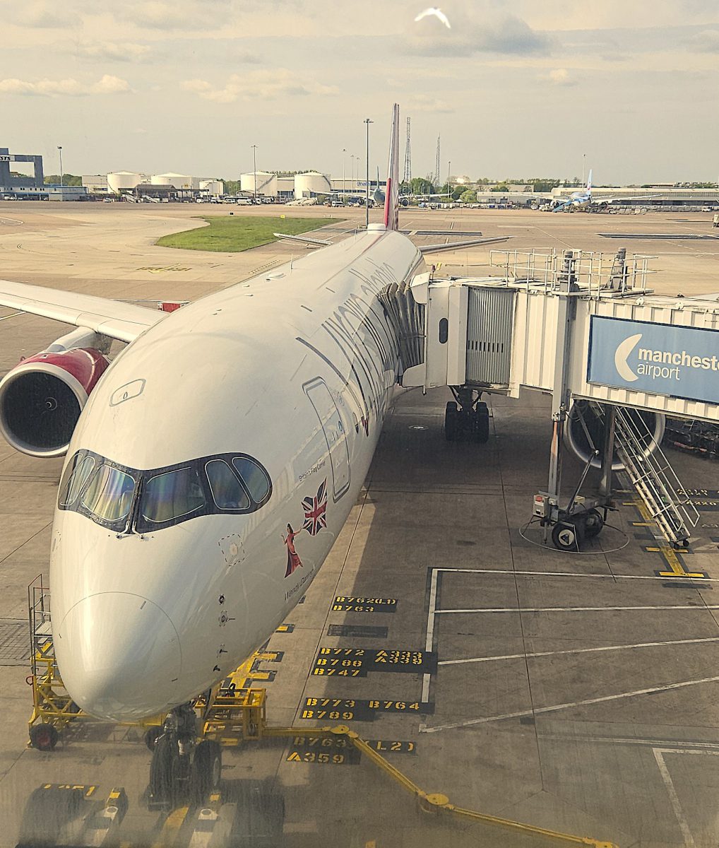 Virgin Atlantic A350 at Manchester airport terminal