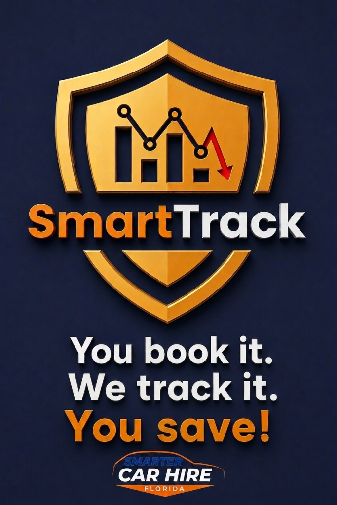 SmartTrack logo featuring a gold shield with a declining price chart and the slogan "You book it. We track it. You save.