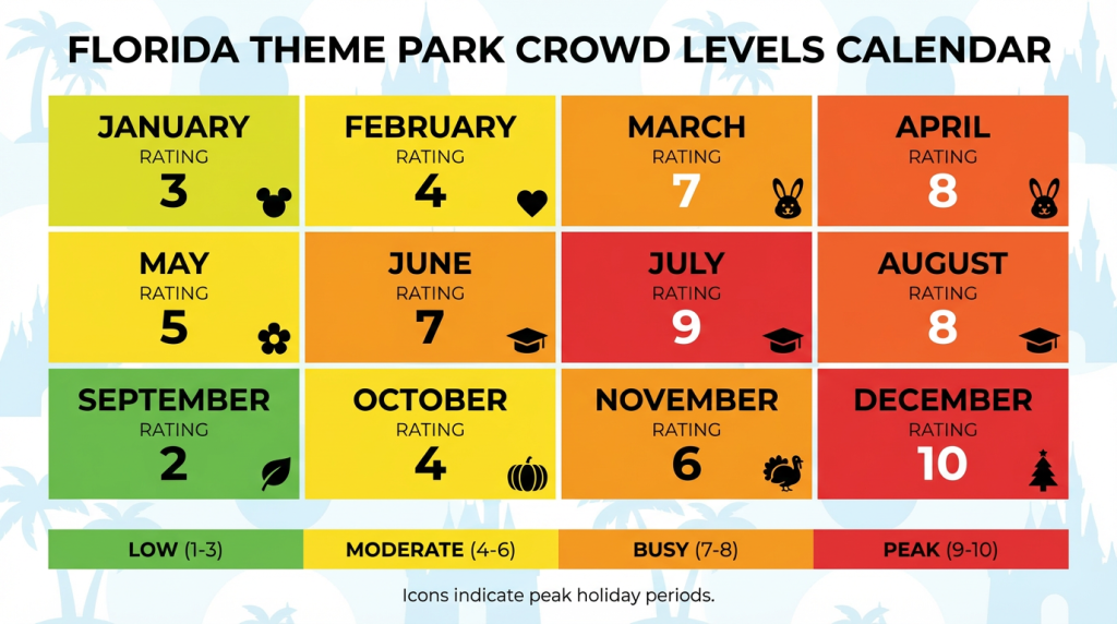 Disney World quiet low crowds versus peak season comparison for UK tourists planning Florida visits