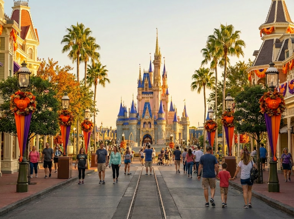 Disney World EPCOT during October half term with Halloween decorations and UK tourists