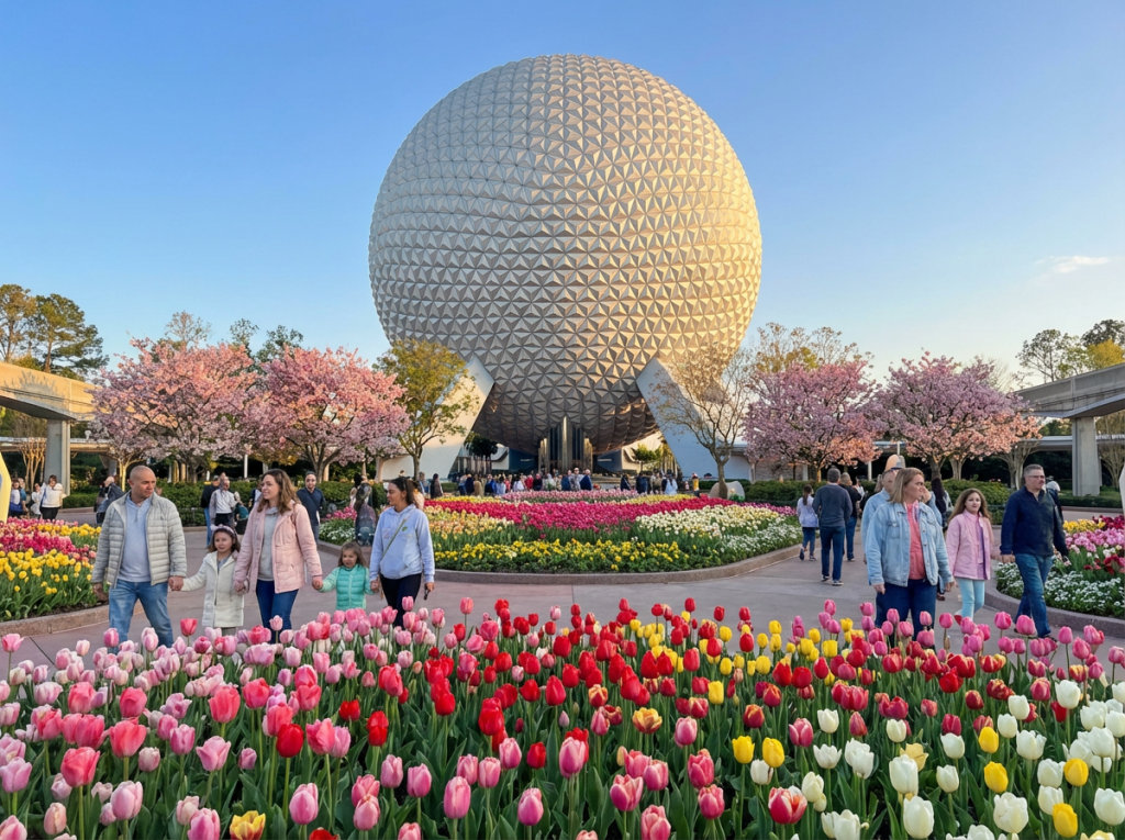 Disney World Magic Kingdom during Easter spring break with UK tourists and flower gardens
