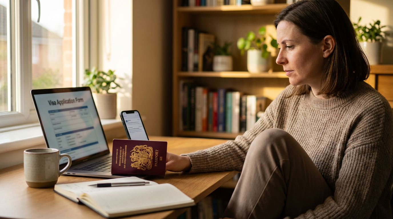 UK traveler applying for ESTA online British passport laptop USA travel authorization application