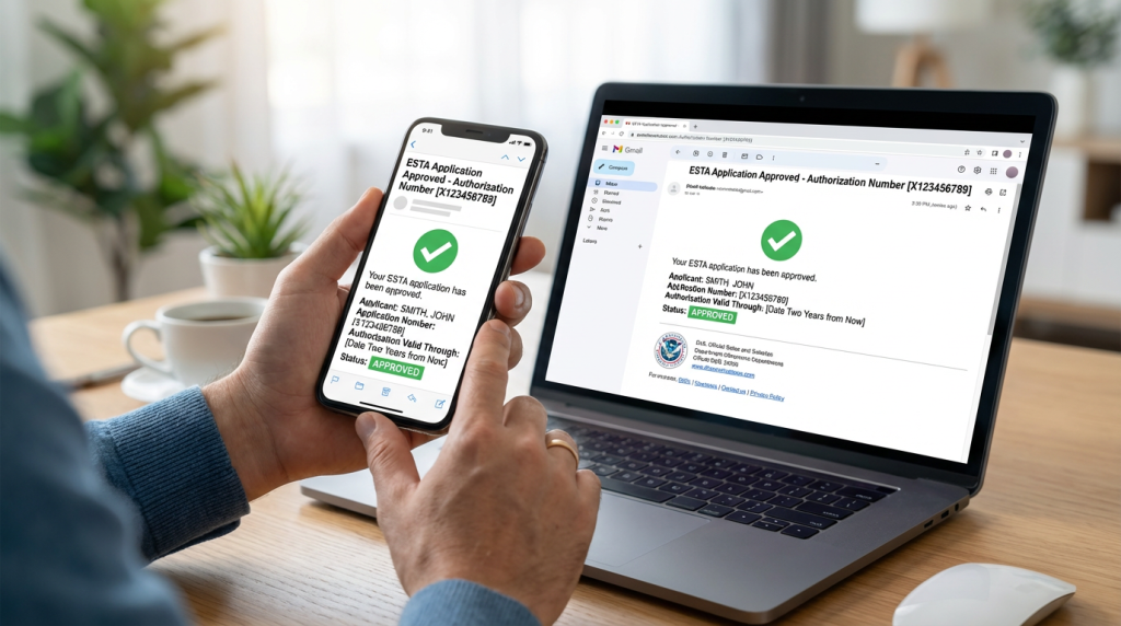 ESTA approval email notification smartphone showing application approved status confirmation for UK traveler