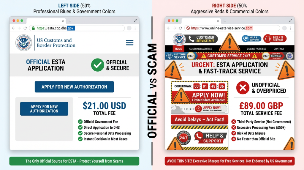 Official ESTA website versus scam comparison showing .gov legitimate site versus overpriced third-party websites