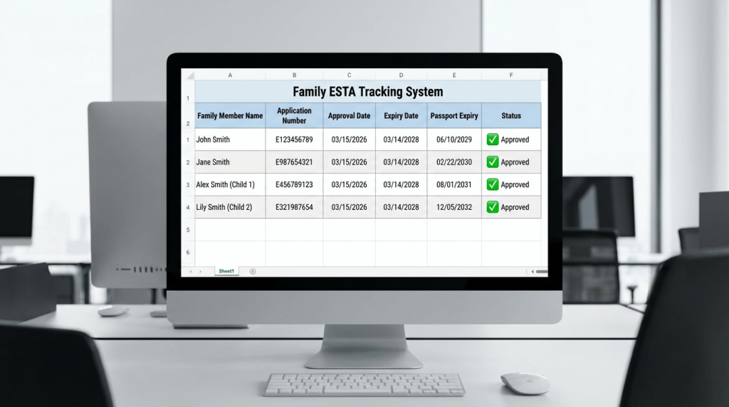 Family ESTA application tracker spreadsheet template showing approval dates expiry dates for all family members