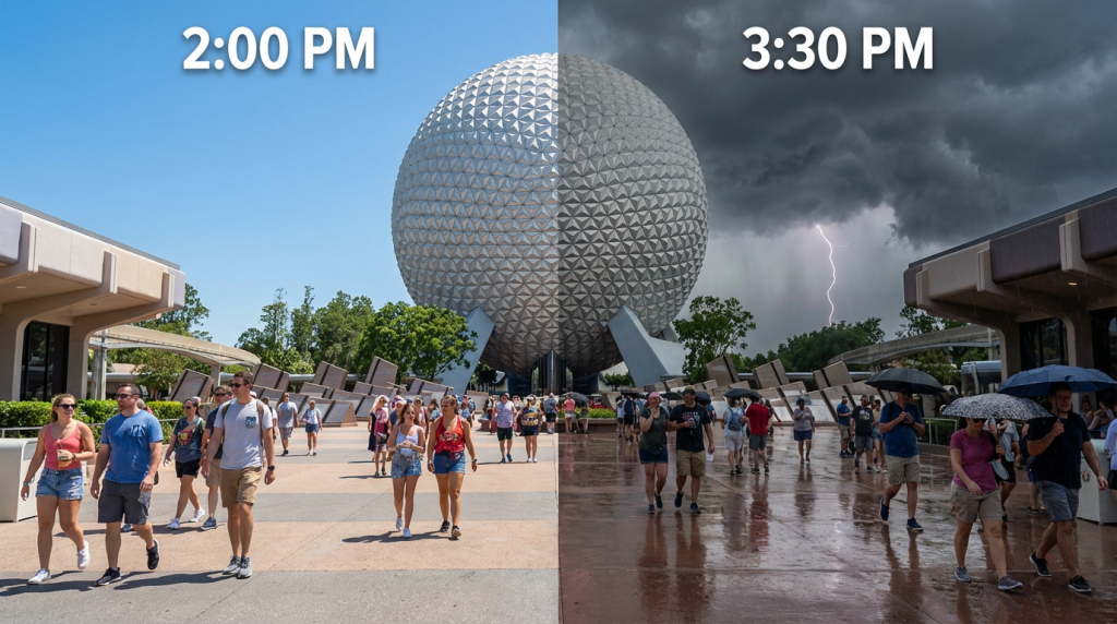 Florida afternoon thunderstorm dramatic clouds lightning theme park summer daily weather pattern UK tourists
