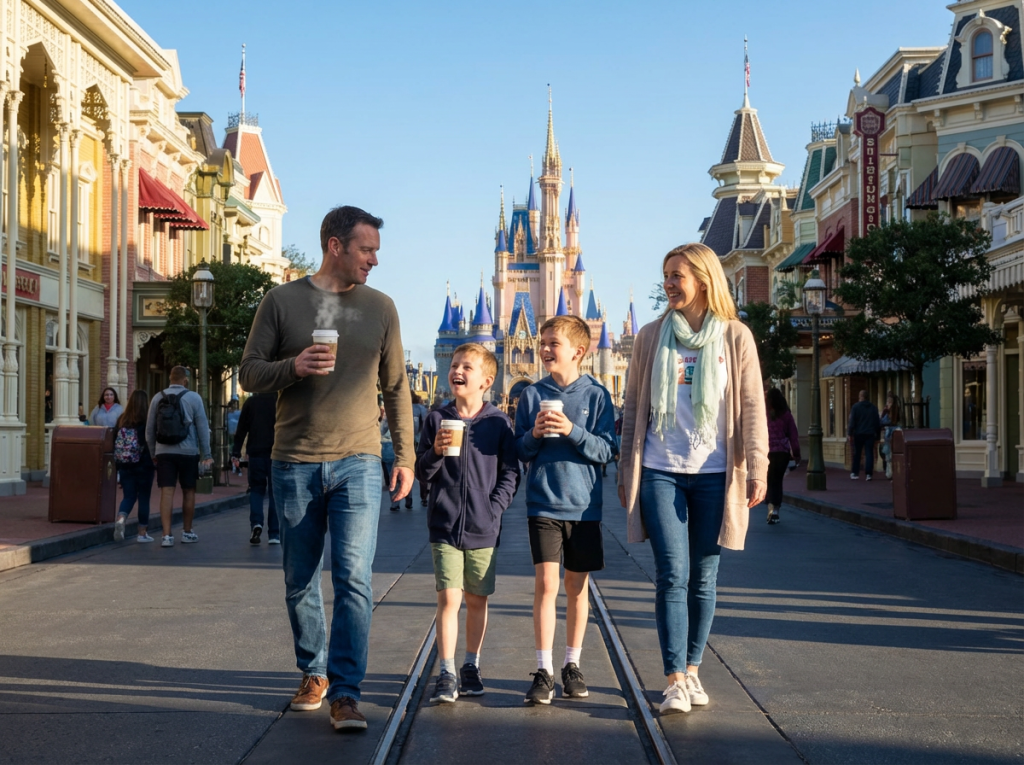 British family enjoying comfortable January winter weather Disney World Florida wearing light layers pleasant conditions