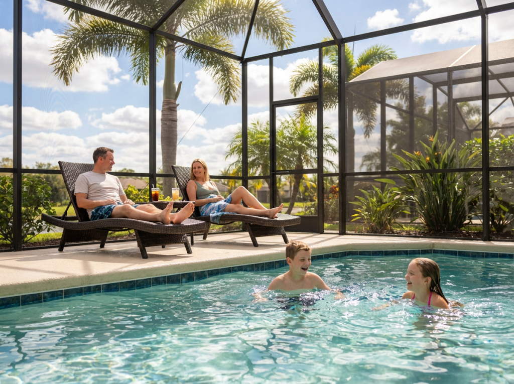 British family enjoying Florida November perfect weather conditions goldilocks month ideal temperature villa pool