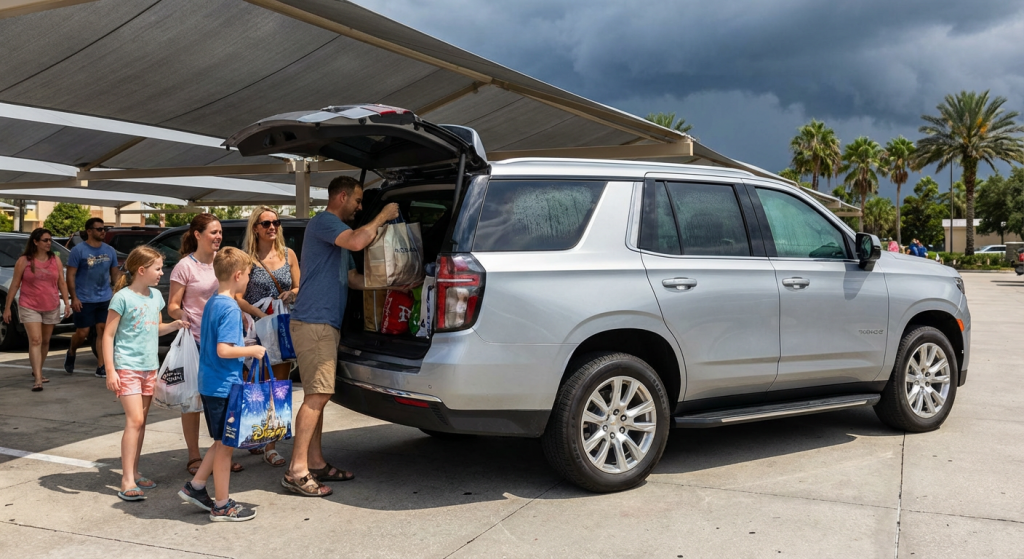 Modern rental car air conditioned comfortable UK family Florida heat weather protection reliable transportation