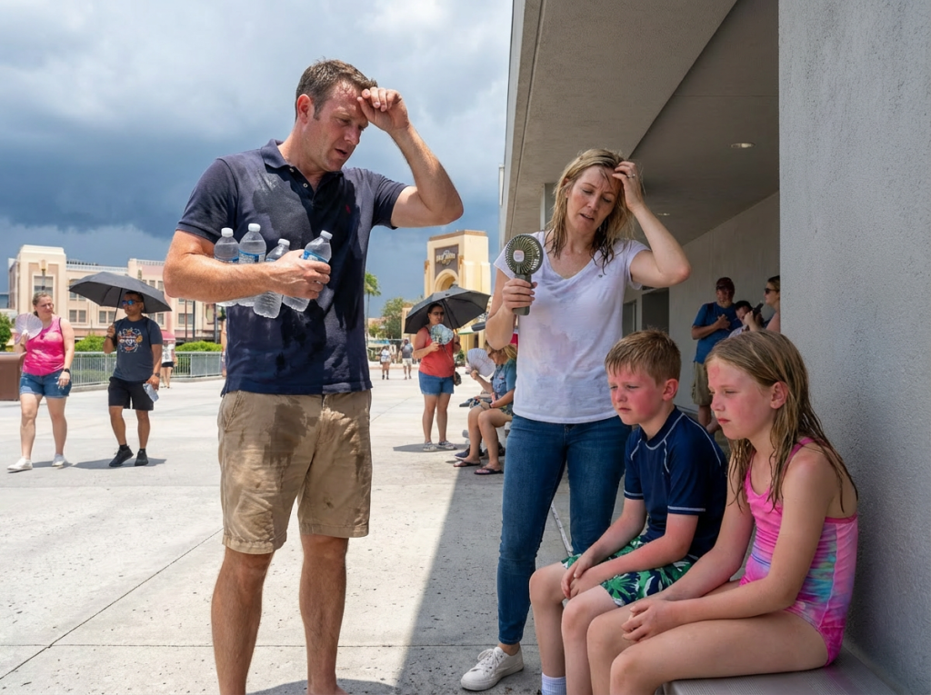 Florida summer heat exhausting conditions August humidity 85% UK tourists struggling theme park extreme weather