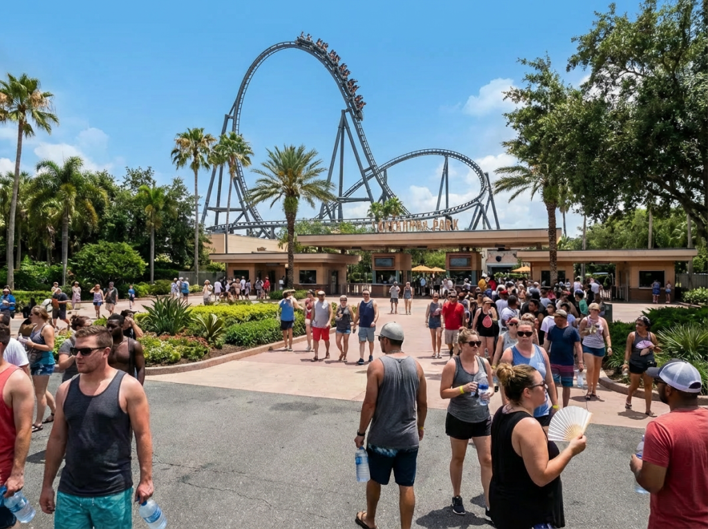 Universal Studios Florida crowded summer day with UK families during school holiday period