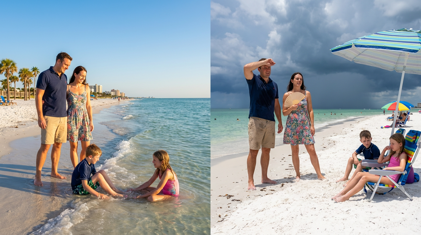 British family enjoying perfect Florida beach weather comfortable temperature ideal conditions UK tourists