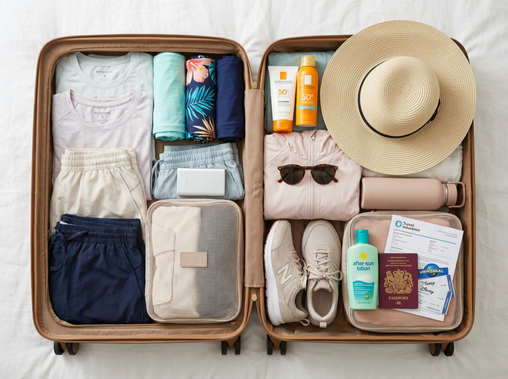 Florida packing list organized suitcase weather-appropriate clothing sunscreen UK tourists seasonal essentials