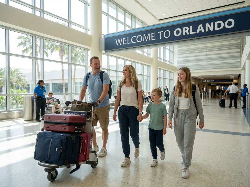 UK family successfully arrived in Florida airport, exiting arrivals with luggage, Orlando International Airport setting, happy relieved expressions, sunshine through windows, palm trees visible, travel photography, authentic arrival moment --ar 4:3 --style raw