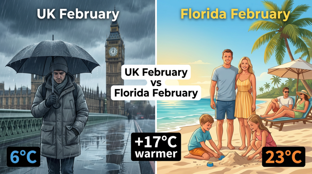 UK versus Florida weather temperature comparison showing dramatic difference winter months escape cold British weather