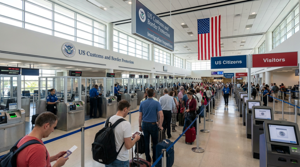 US Customs Border Protection immigration hall airport arrival UK travelers passport control inspection
