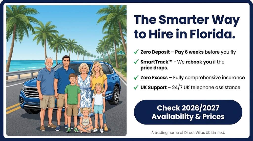 A smiling group of people with suitcases standing in front of a white SUV in a sunny Florida setting with palm trees.