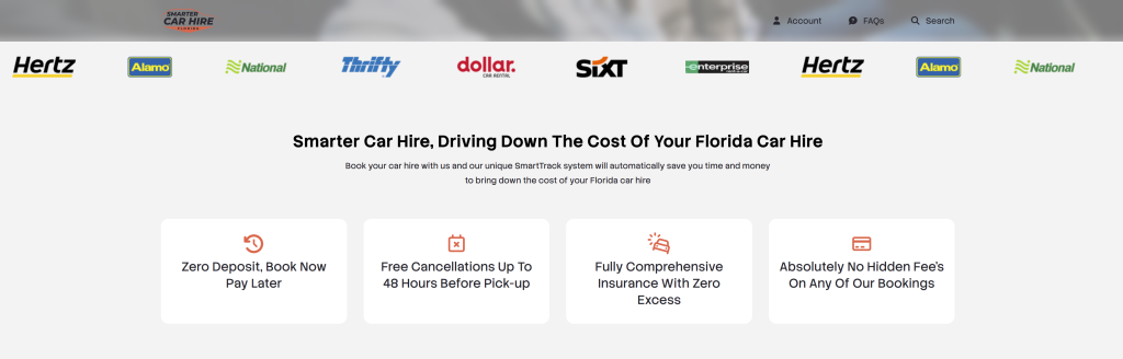 Smarter Car Hire Florida section displaying major rental brand logos and four key benefits: Zero Deposit, Free Cancellation up to 48 hours, Fully Comprehensive Insurance with Zero Excess, and No Hidden Fees.