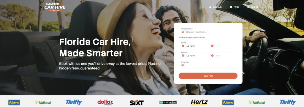 Smarter Car Hire Florida homepage banner showing a vehicle rental search widget and trust logos for Alamo, Hertz, and SIXT over a photo of a couple driving a convertible.