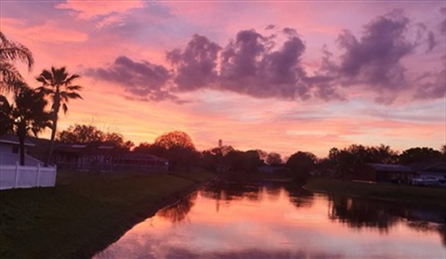 Sunset view from garden overlooking lake. FLORIDA HOME in Pine Chase Estates, St Cloud, Gulf Coast
