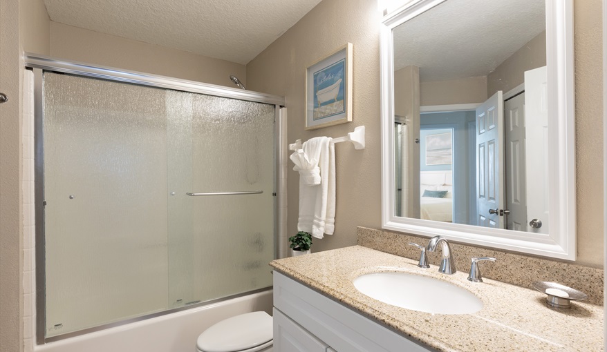 Clean, modern bathroom with tub/shower combo—perfect for families.. For the Best Disney Vacation-Tropical Paradise Villa in Emerald Island Resort, Kissimmee, Orlando
