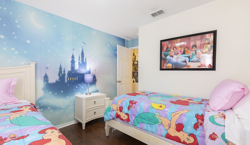 Whimsical princess room with castle mural—designed to make little guests feel like royalty.. For the Best Disney Vacation-Tropical Paradise Villa in Emerald Island Resort, Kissimmee, Orlando