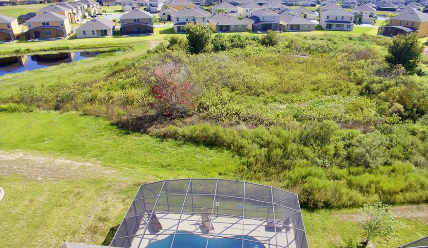 Aerial view of conservation area. Goofys Golf Getaway - Luxury Executive Disney Villa on Golf Course Gated Community, South Facing Pool,  No Rear Neighbours and Conservation Views in Providence, Davenport, Orlando