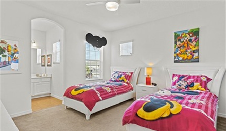 The Magic Kingdom themed twin bedroom. Goofys Golf Getaway - Luxury Executive Disney Villa on Golf Course Gated Community, South Facing Pool,  No Rear Neighbours and Conservation Views in Providence, Davenport, Orlando
