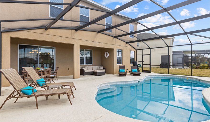 Plenty of loungers and seating to relax. Goofys Golf Getaway - Luxury Executive Disney Villa on Golf Course Gated Community, South Facing Pool,  No Rear Neighbours and Conservation Views in Providence, Davenport, Orlando