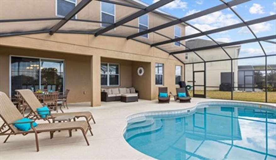 Plenty of loungers and seating to relax. Goofys Golf Getaway - Luxury Executive Disney Villa on Golf Course Gated Community, South Facing Pool,  No Rear Neighbours and Conservation Views in Providence, Davenport, Orlando