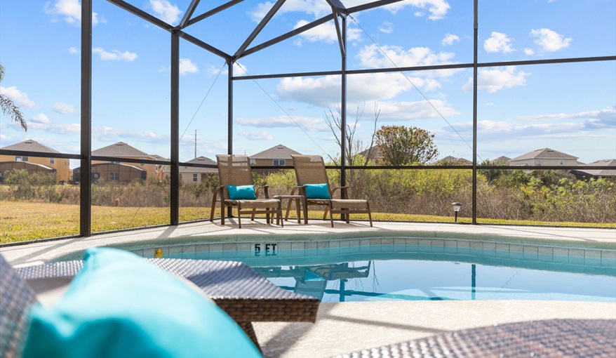 South facing pool so sun all day. Goofys Golf Getaway - Luxury Executive Disney Villa on Golf Course Gated Community, South Facing Pool,  No Rear Neighbours and Conservation Views in Providence, Davenport, Orlando