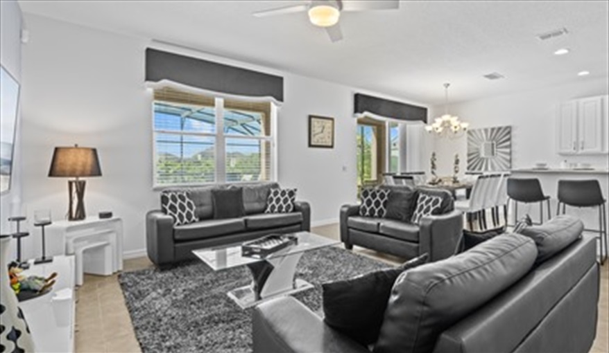 Comfortable and well laid out seating. Goofys Golf Getaway - Luxury Executive Disney Villa on Golf Course Gated Community, South Facing Pool,  No Rear Neighbours and Conservation Views in Providence, Davenport, Orlando