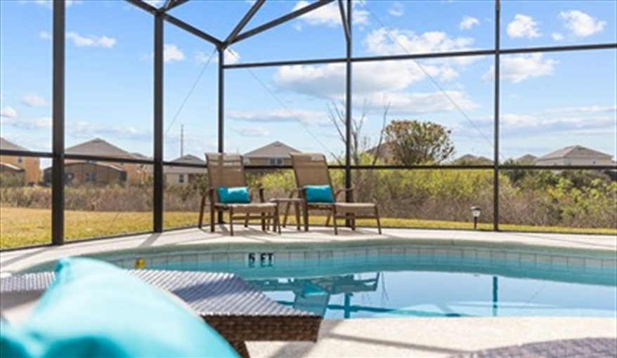South facing pool so you get the sun all day. Goofys Golf Getaway - Luxury Executive Disney Villa on Golf Course Gated Community, South Facing Pool,  No Rear Neighbours and Conservation Views in Providence, Davenport, Orlando