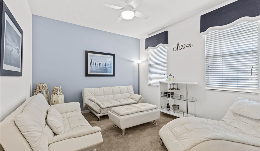 Our "chill out" room at the front of the house. Goofys Golf Getaway - Luxury Executive Disney Villa on Golf Course Gated Community, South Facing Pool,  No Rear Neighbours and Conservation Views in Providence, Davenport, Orlando