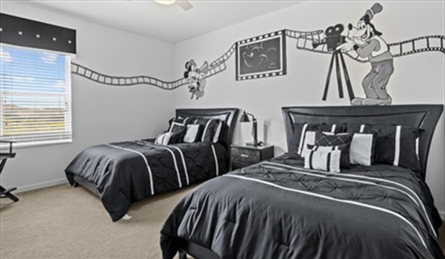 Hollywood Studios themed bedroom with two double beds. Goofys Golf Getaway - Luxury Executive Disney Villa on Golf Course Gated Community, South Facing Pool,  No Rear Neighbours and Conservation Views in Providence, Davenport, Orlando