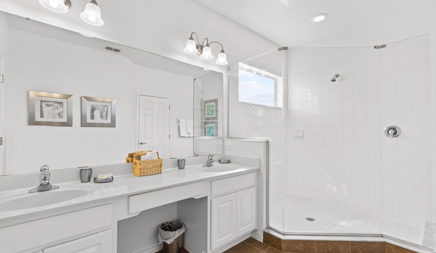 Massive walk in shower in the master suite. Goofys Golf Getaway - Luxury Executive Disney Villa on Golf Course Gated Community, South Facing Pool,  No Rear Neighbours and Conservation Views in Providence, Davenport, Orlando