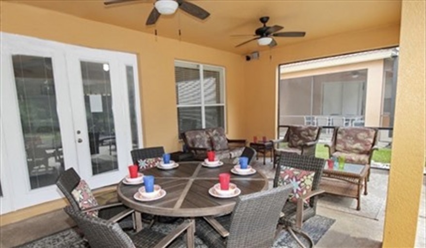 Dining area outside. Ref 701BV. Villa at Bella Vida with own South facing pool., Games room & near to Disney in Bellavida Resort, Kissimmee, Orlando