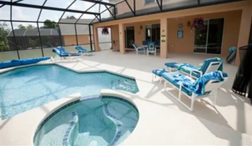 South West facing pool with large covered lanai. Cal-Cierra Retreat - 7 Bedroom Deluxe Villa with Pool in Emerald Island Resort, Kissimmee, Orlando